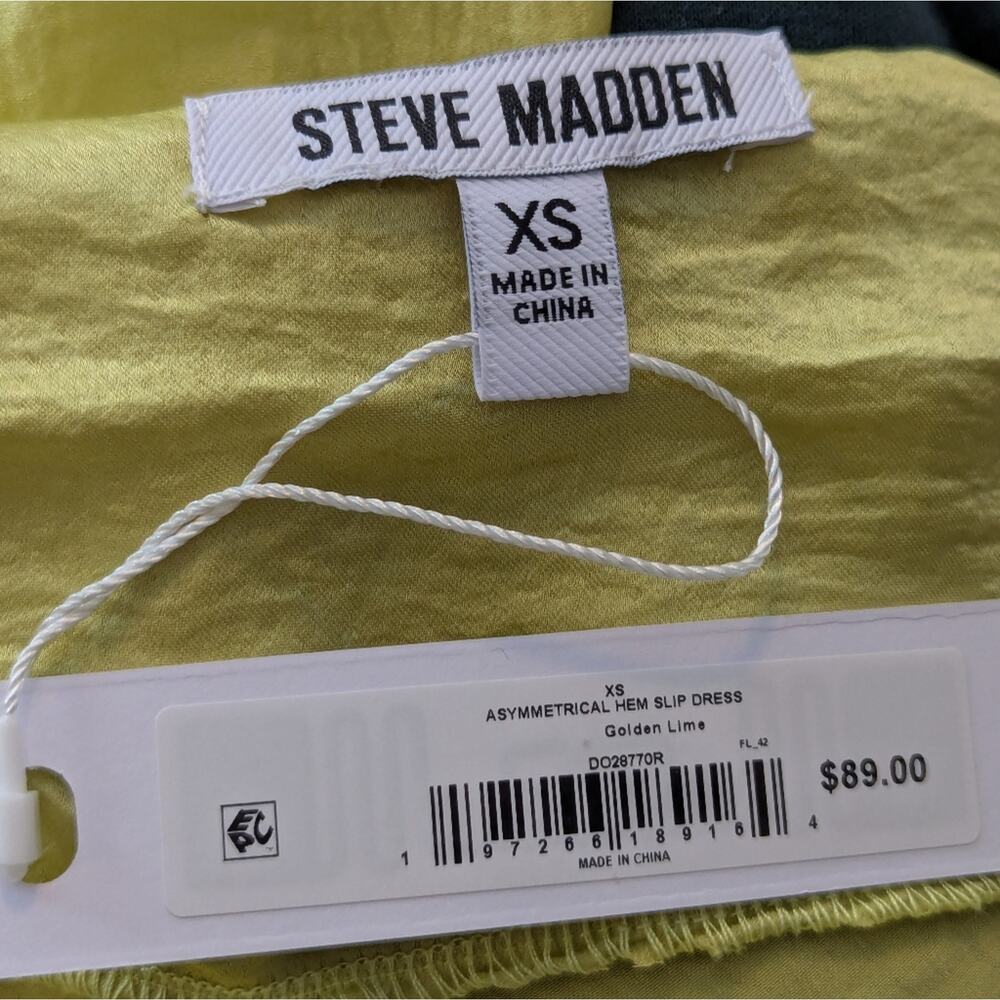 NWT Steve Madden Luxe Satin Asymmetric Hem Drapey Green Yellow Slip Dress, Sz XS - Picture 6 of 7